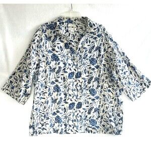 Rachel Zoe Women  2XL White Blue Floral 100% Linen Top Tunic Collared 3/4 Sleeve